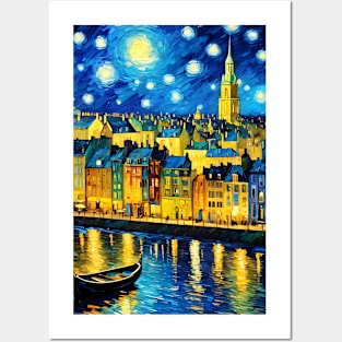 Starry night style city lake Posters and Art